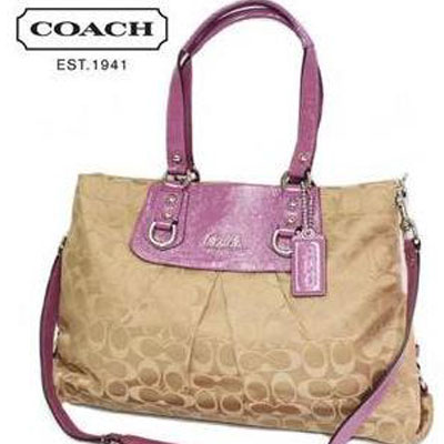 COACH 蔻驰 帆布LOGO皮革边饰手提/肩背/斜挎多功能包 (COACH F15510 / COACH 15510) (卡其色+紫色)，原价￥3848，限时仅售￥1708！绝对正品，超低折扣，含美国直邮～