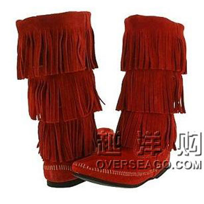 Minnetonka 迷你唐卡 2011新款3层流苏靴 New 3-Layer Fringe Boot(酒红色/红色)，原价￥1758，限时仅售￥1138！绝对正品，超低折扣，含美国直邮～