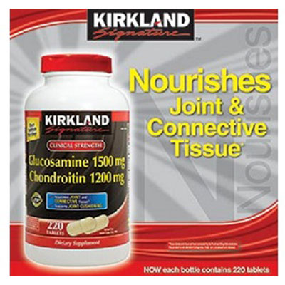 美国Kirkland柯克兰 关节灵盐酸氨基葡萄糖维骨力+软骨素 Glucosamine HCL1500mg/Chondroitin Sulfate1200mg(220粒/瓶)，原价￥440，限时仅售￥328！绝对正品，超低折扣，含美国直邮哦~