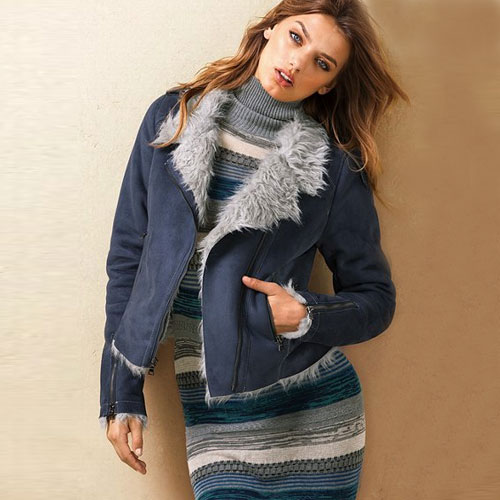 VICTORIA'S SECRET 维多利亚的秘密 新款女士人造羊毛边摩托夹克衫 Faux-shearling MotoJacket  (蓝色)，原价￥2928，限时仅售￥2138！绝对正品，超低折扣，含美国直邮～