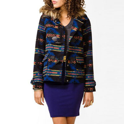 Forever 21 新款女士图案夹克 Hooded Southwest Toggle Jacket，原价￥928，限时仅售￥488！绝对正品，超低折扣，含美国直邮～