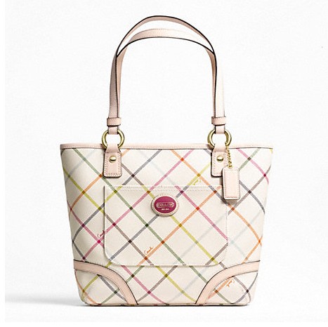 COACH 蔻驰 新款女士新款白底彩条帆布单肩手提包 PEYTON TATTERSALL TOTE (F21863)，原价￥2498，限时仅售￥968！绝对正品，超低折扣，含美国直邮～