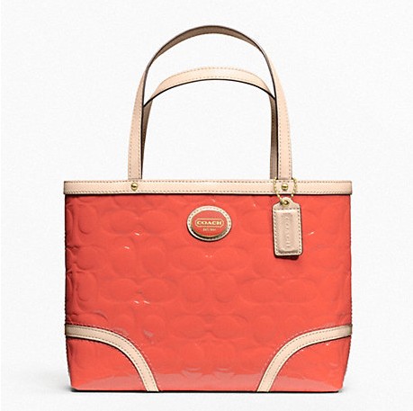 COACH 蔻驰 新款女士Logo漆皮压花单肩手提包 PEYTON EMBOSSED PATENT TOP HANDLE TOTE (F48166)(黄色/橘色)，原价￥2298，限时仅售￥1058！绝对正品，超低折扣，含美国直邮～