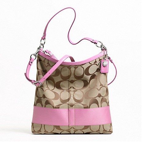 COACH 蔻驰 新款女士经典LOGO标志帆布单肩斜挎包 SIGNATURE STRIPE LARGE CONVERTIBLE SHOULDER BAG (F23770)(粉色/灰色)，原价￥2768，限时仅售￥1468！绝对正品，超低折扣，含美国直邮～