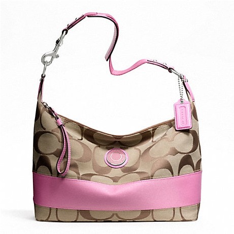 COACH 蔻驰 新款女士经典LOGO标志帆布手提单肩包 SIGNATURE STRIPE HOBO (F23769)(粉色)，原价￥2648，限时仅售￥1628！绝对正品，超低折扣，含美国直邮～