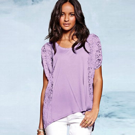VICTORIA'S SECRET 维多利亚的秘密 新款女士花边袖T恤 Lace Panel Top (黑色/绿色/灰色/淡紫色)，原价￥1378，限时仅售￥688！绝对正品，超低折扣，含美国直邮～