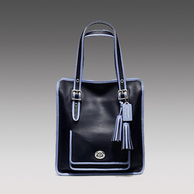 COACH 蔻驰 新款女士单肩手提包 ARCHIVAL 2-TONE LEATHER MAGAZINE TOTE (F22410) (深蓝色/卡其色)，原价￥4568，限时仅售￥2238！绝对正品，超低折扣，含美国直邮～