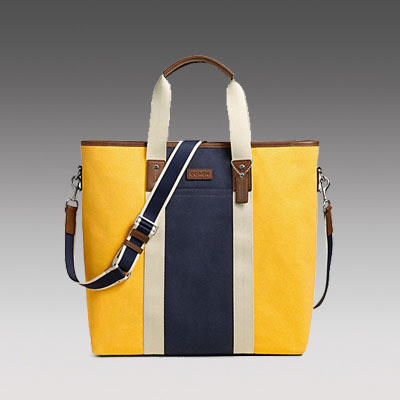 COACH 蔻驰 新款男士手提斜跨包 HERITAGE WEB CANVAS PIECED STRIPE TOTE (F70825) (黄色/绿色/深蓝色)，原价￥2968，限时仅售￥1458！绝对正品，超低折扣，含美国直邮～
