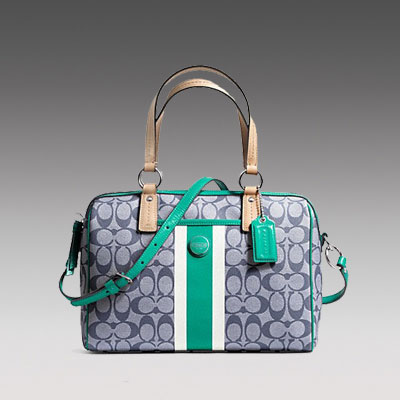 COACH 蔻驰 新款经典LOGO帆布单肩斜挎手提包 SIGNATURE STRIPE PVC STRIPE SATCHEL (F24362) (黑色/蓝色/绿色)，原价￥2958，限时仅售￥1458！绝对正品，超低折扣，含美国直邮～