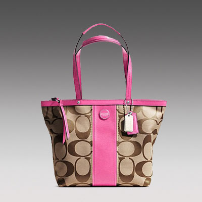 COACH 蔻驰 2013年新款女士单肩手提包 SIGNATURE STRIPE TOTE (F21950) (粉红色)，原价￥2548，限时仅售￥1248！绝对正品，超低折扣，含美国直邮～