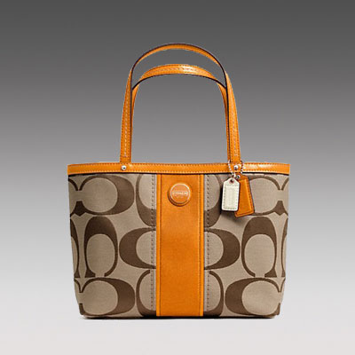 COACH 蔻驰 2013年新款女士经典LOGO单肩手提包 SIGNATURE STRIPE TOP HANDLE TOTE (F48798) (绿色/粉红色/橙色)，原价￥2148，限时仅售￥1048！绝对正品，超低折扣，含美国直邮～