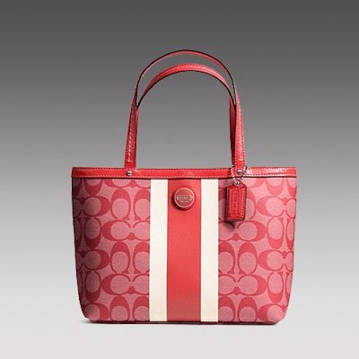 COACH 蔻驰 2013年新款女士单肩手提包 SIGNATURE STRIPE PVC STRIPE TOP HANDLE TOTE (F49096)(红色/蓝色)，原价￥2958，限时仅售￥1438！绝对正品，超低折扣，含美国直邮～