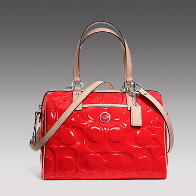 COACH 蔻驰 2013年新款女士漆皮单肩手提斜挎包 SIGNATURE STRIPE EMBOSSED PATENT SATCHEL (F25189)(红色/棕褐色/粉红色)，原价￥2958，限时仅售￥1438！绝对正品，超低折扣，含美国直邮～