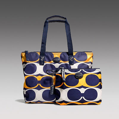 COACH 蔻驰 2013年新款女士单肩手提包 GETAWAY LINEAR C PRINT SMALL PACKABLE TOTE (F77440)(深蓝色)，原价￥2068，限时仅售￥948！绝对正品，超低折扣，含美国直邮～